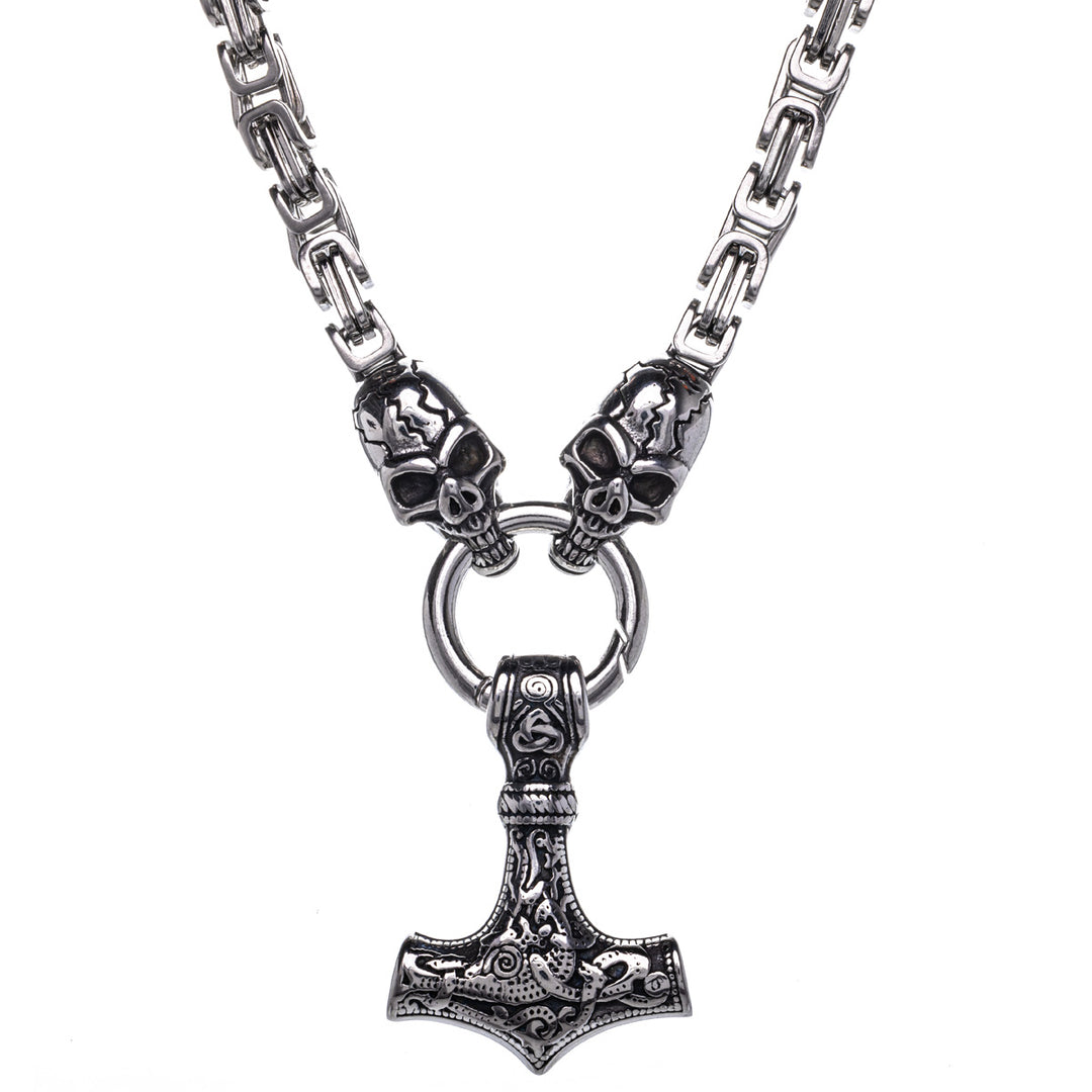 Thors Hammer-Anhänger und Totenkopf-Kette (Stahl 316L)