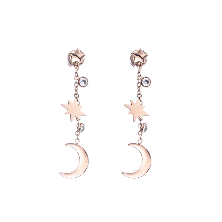 Hanging chain earrings with star and moon (Steel 316L)