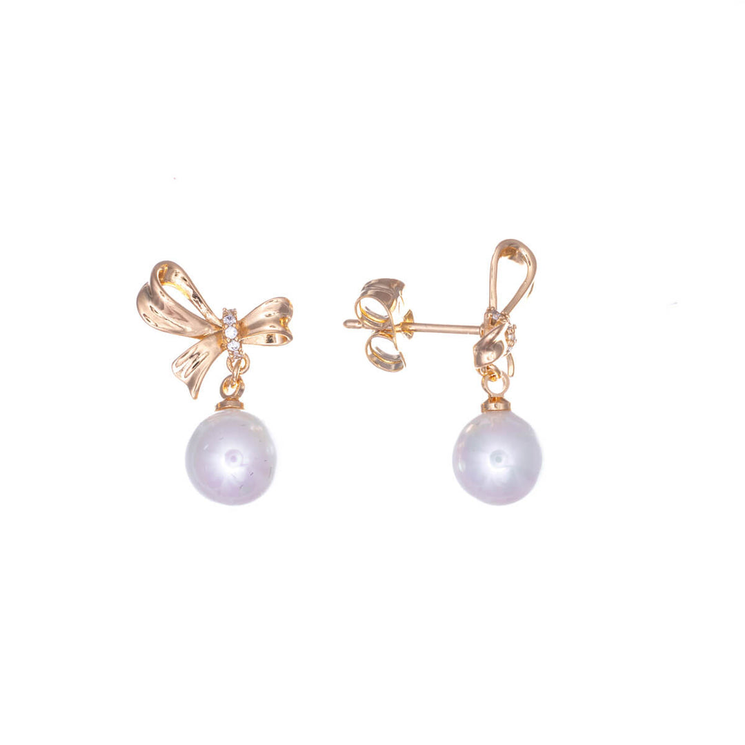 Hanging zirconia bow earrings with pearl pendant