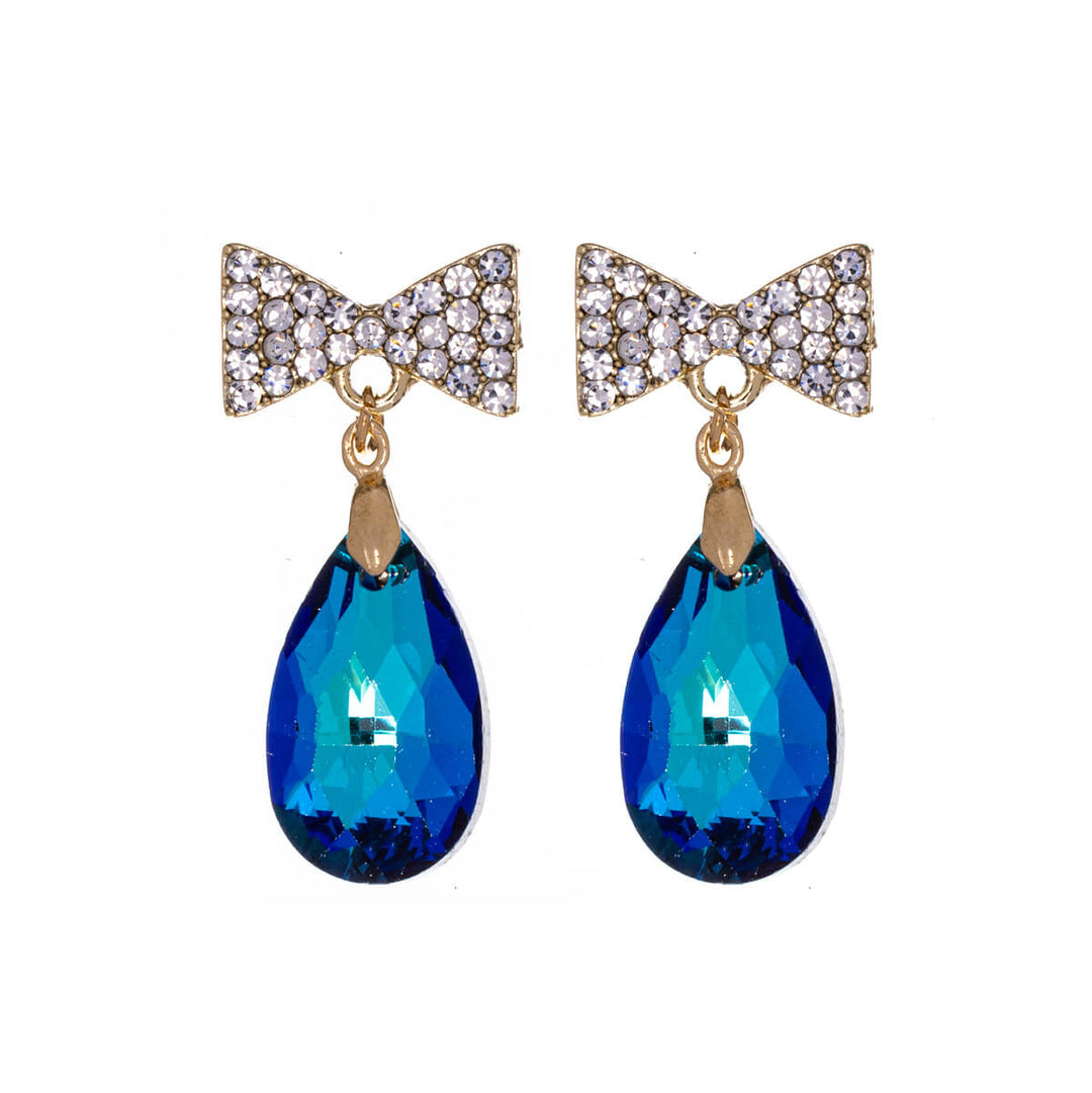 Sparkling bow earrings with dangling teardrops