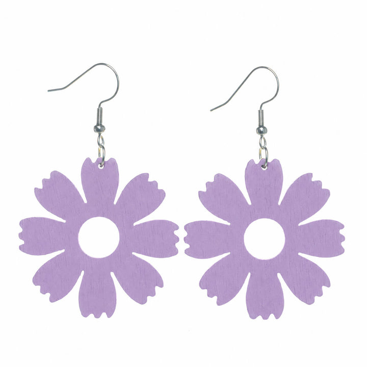Violette hängende Blumen-Ohrringe mit Holzblüte