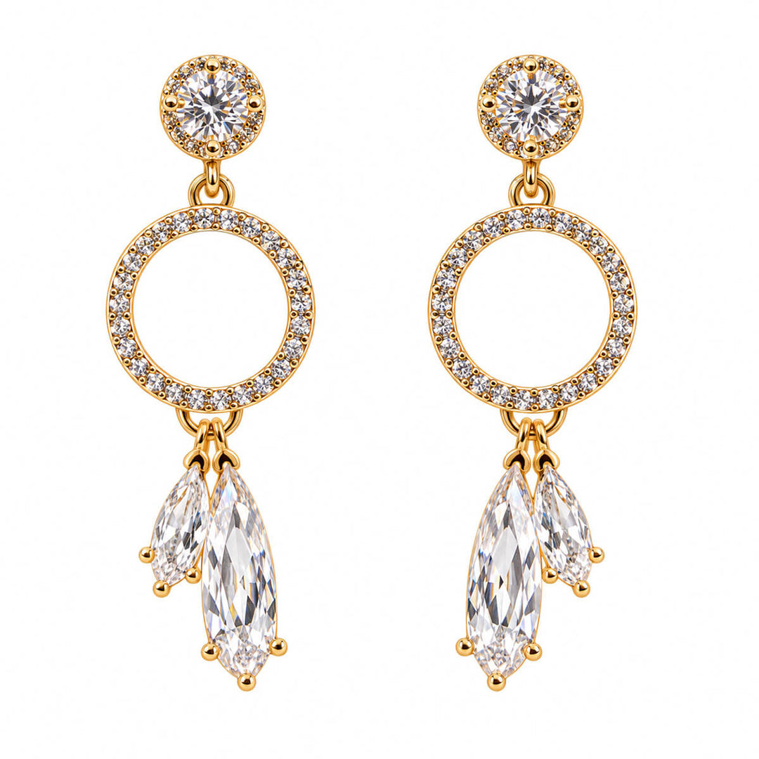 Kullanväriset juhlakorvakorut kirkkailla zirkonioilla ja pisarakivillä – tuotekuva 1