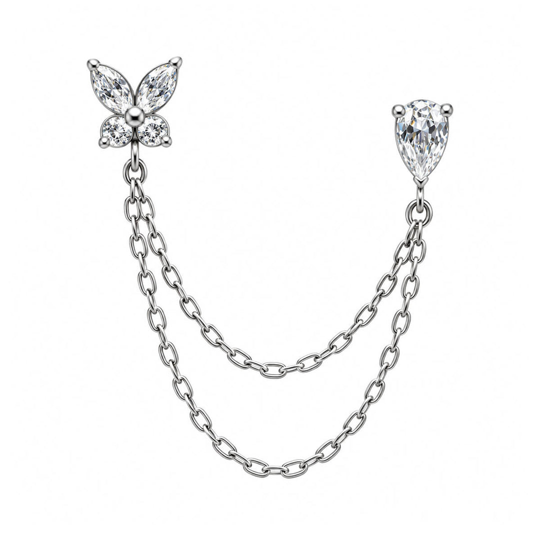 Kettenohrringe für zwei Ohrlöcher – Schmetterling und Tropfen (Edelstahl 316L)
