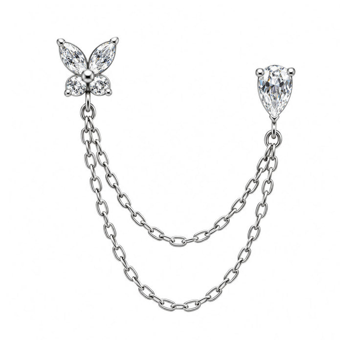 Kettenohrringe für zwei Ohrlöcher – Schmetterling und Tropfen (Edelstahl 316L)
