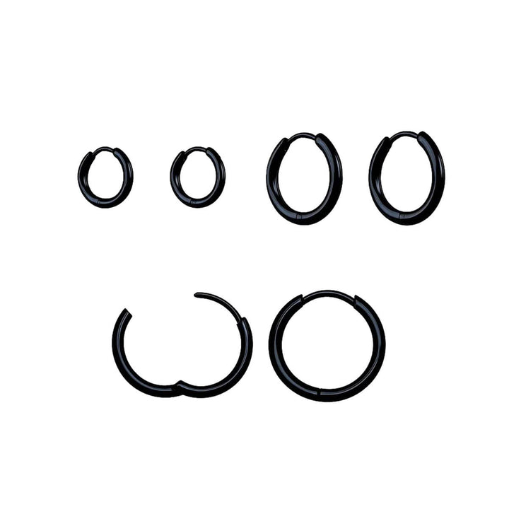 Svarta små örhängen i stål, set med 3 par (8 mm, 10 mm och 12 mm)