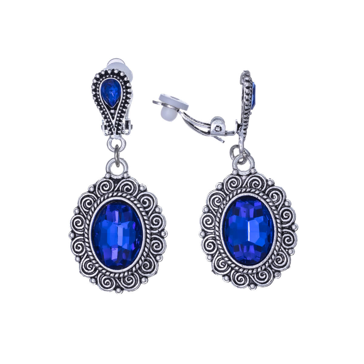 Hanging oval clip-on earrings with glass stones