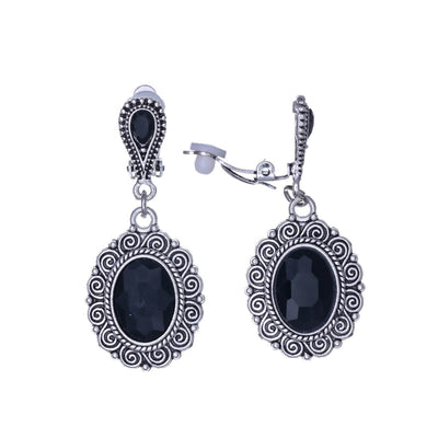 Hanging oval clip-on earrings with glass stones