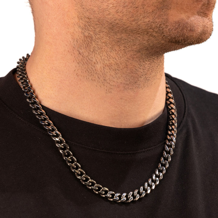 Flat armoured chain dark steel necklace 9mm 55cm