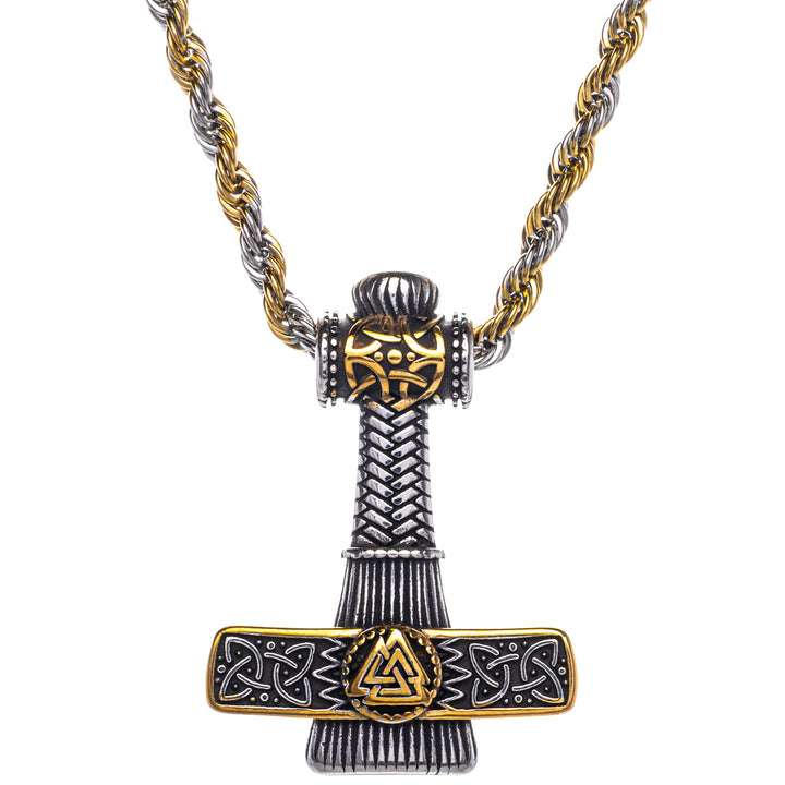 Zweifarbige Thors Hammer Mjölnir Anhänger Halskette mit Aegishjalmur Symbol (Stahl 316L)