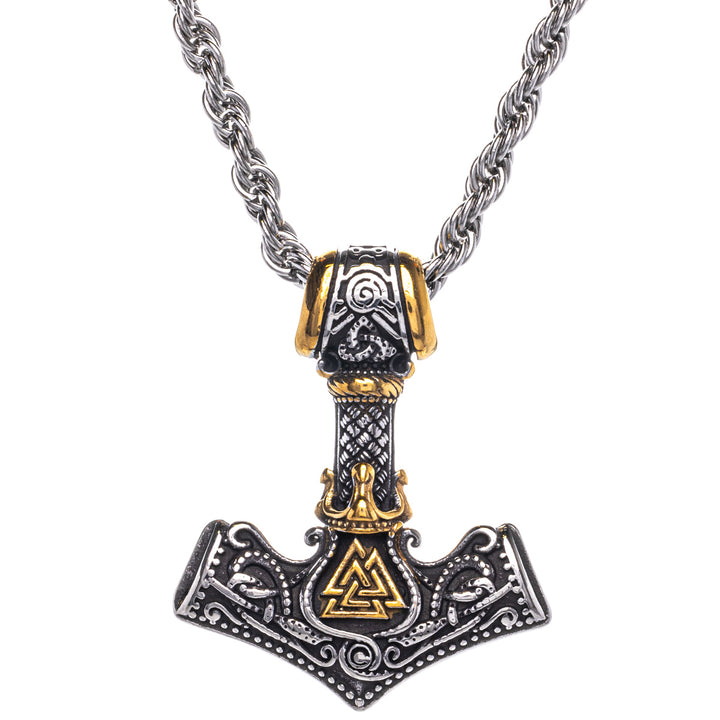 Zweifarbige Thors Hammer Mjölnir Anhänger Halskette mit Weißer Nuss Symbol (Stahl 316L)