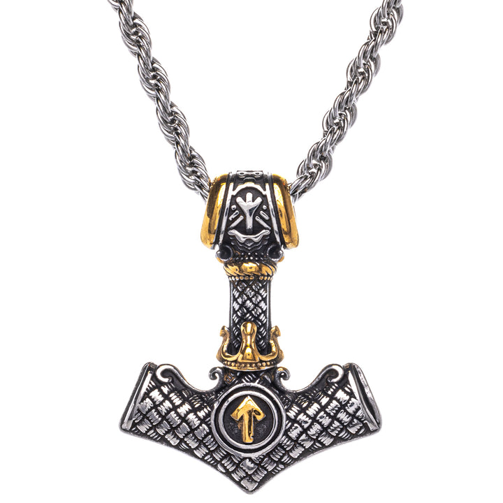 Zweifarbige Thors Hammer Mjölnir Anhänger Halskette mit Weißer Nuss Symbol (Stahl 316L)