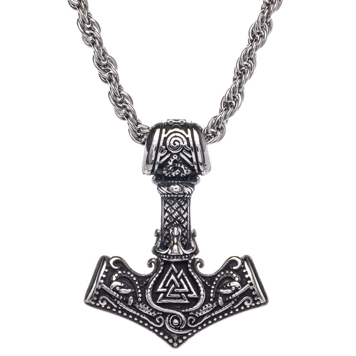 Thors Hammer Mjölnir Anhänger Halskette mit Weißer Nuss Symbol (Stahl 316L)