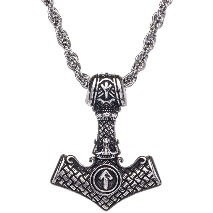 Thors Hammer Mjölnir Anhänger Halskette mit Weißer Nuss Symbol (Stahl 316L)