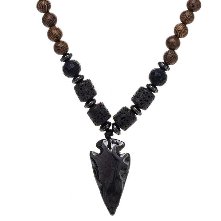 Long pearl necklace 75cm – wood & stone, arrow pendant