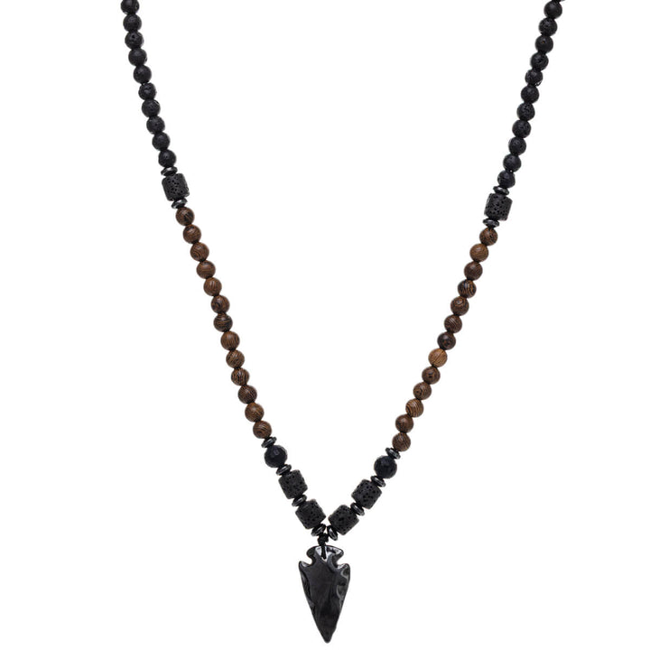Long pearl necklace 75cm – wood & stone, arrow pendant