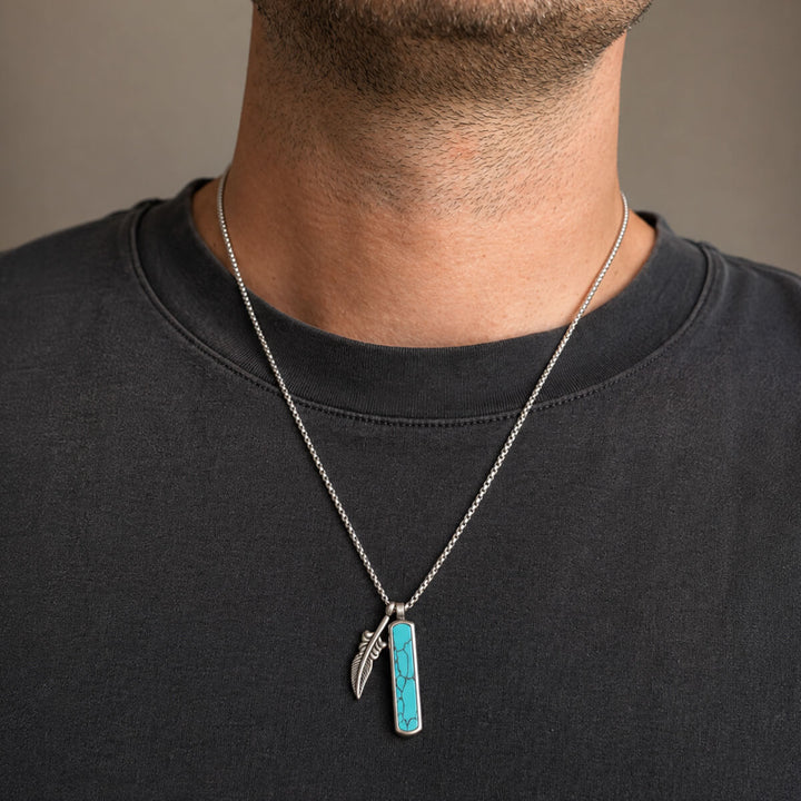 Necklace with feather and stone pendant, 55 cm (316L stainless steel)