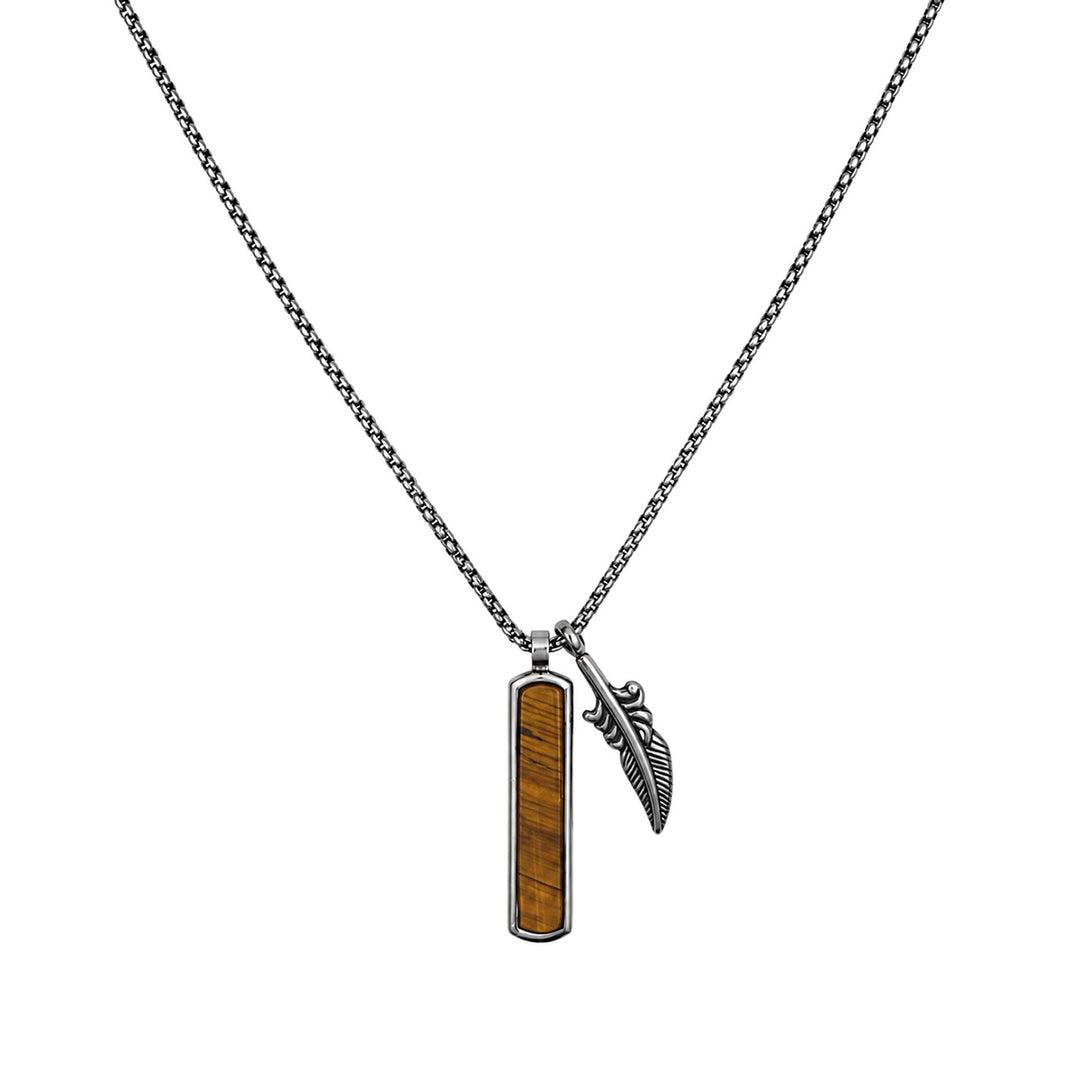 Necklace with feather and stone pendant, 55 cm (316L stainless steel)