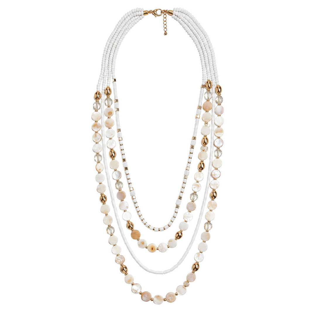Multi-strand long necklace with shell and glass beads