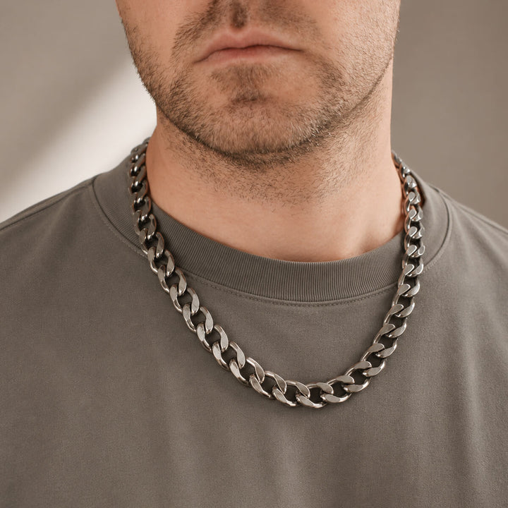 Thick, flat-braided chain necklace, 1.4 cm, 55 cm (316L stainless steel)