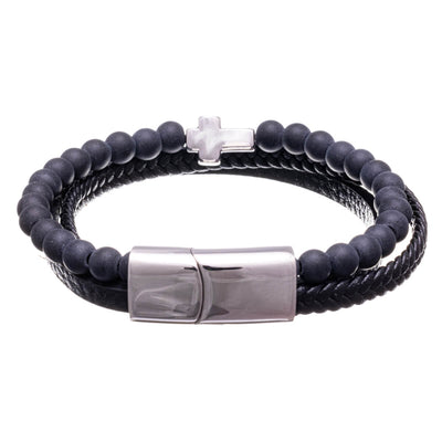 Leather bracelet with glass beads and cross (Steel 316L)