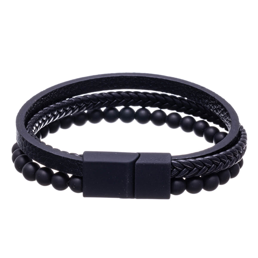 Dreireihiges Lederarmband mit Glasperlen (Stahl 316L)