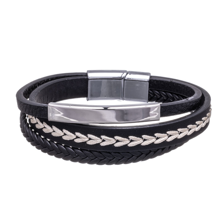 Three rows leather bracelet with plate 21cm