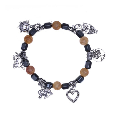 Flexible colourful beaded bracelet with pendants