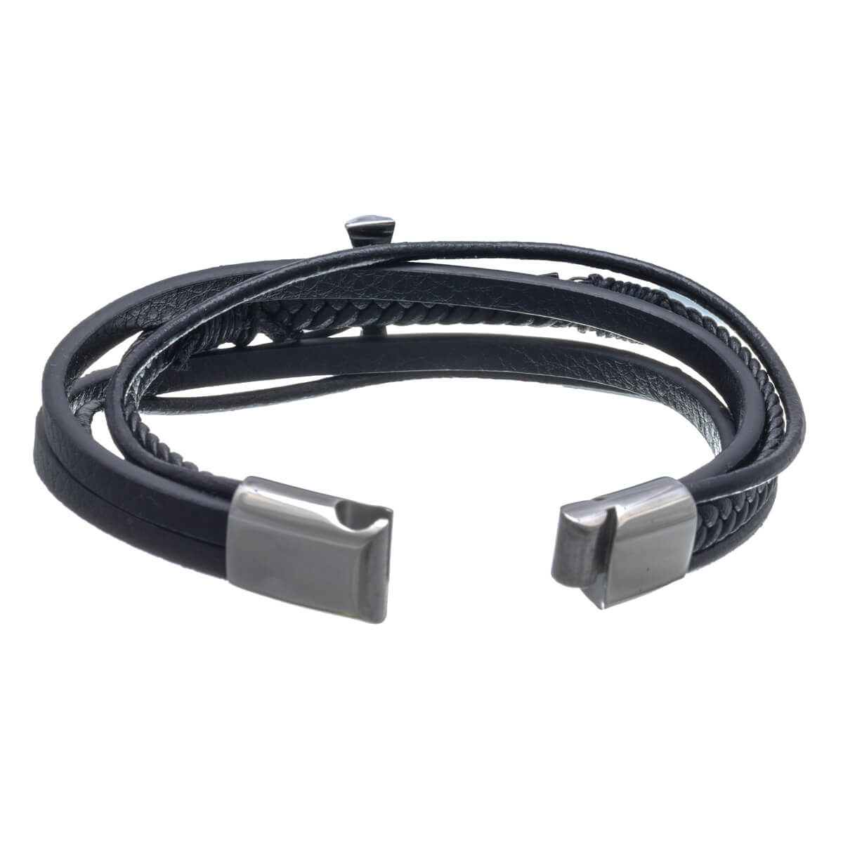 Multi row leather bracelet with cross (Steel 316L)