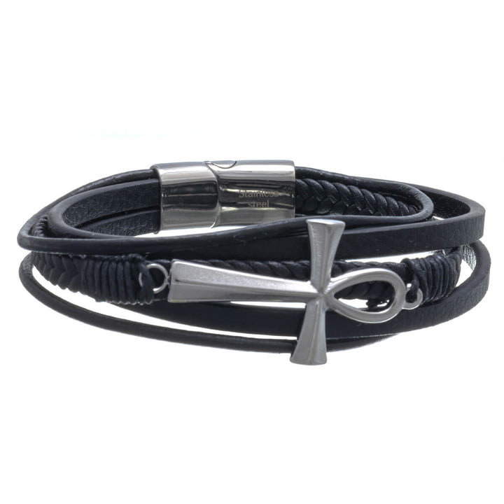 Multi row leather bracelet with cross (Steel 316L)