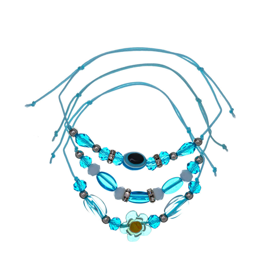 Three adjustable bracelets with colourful beads