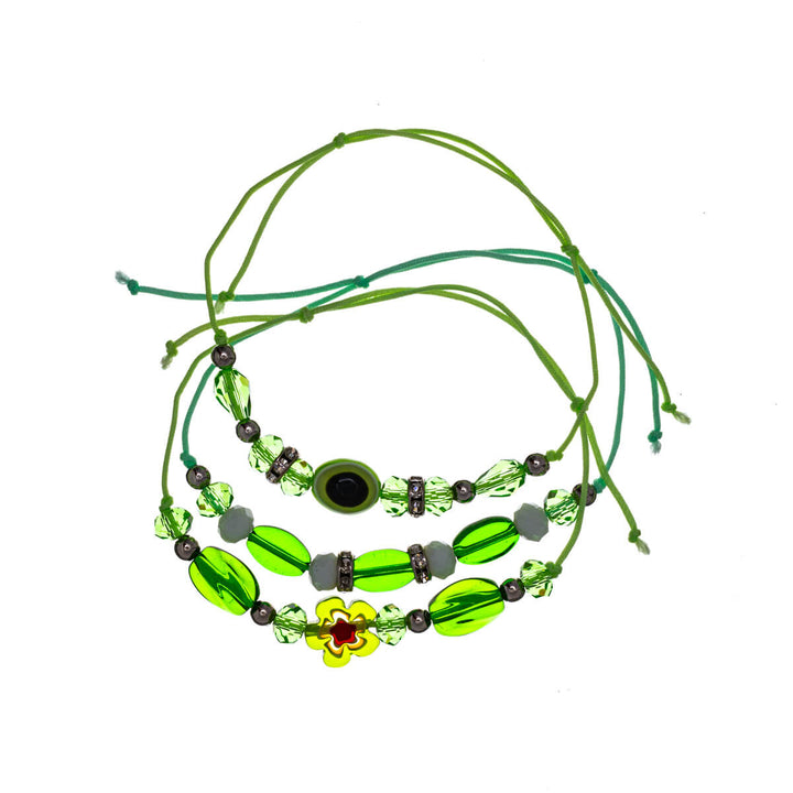 Three adjustable bracelets with colourful beads