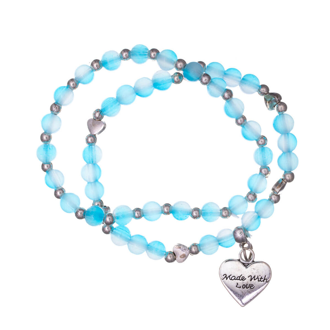 Flexible beaded bracelet with heart pendant 2pcs