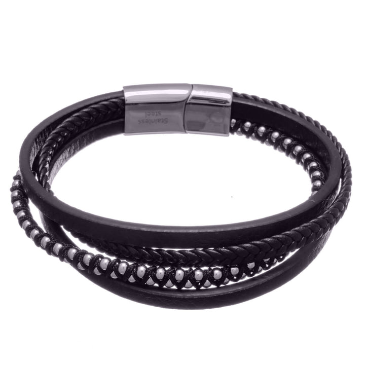 Multi row leather bracelet with steel beads (Steel 316L)