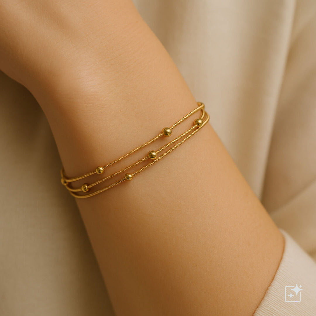 Kolmen ketjut teräs rannekoru helmillä (Teräs 316L)