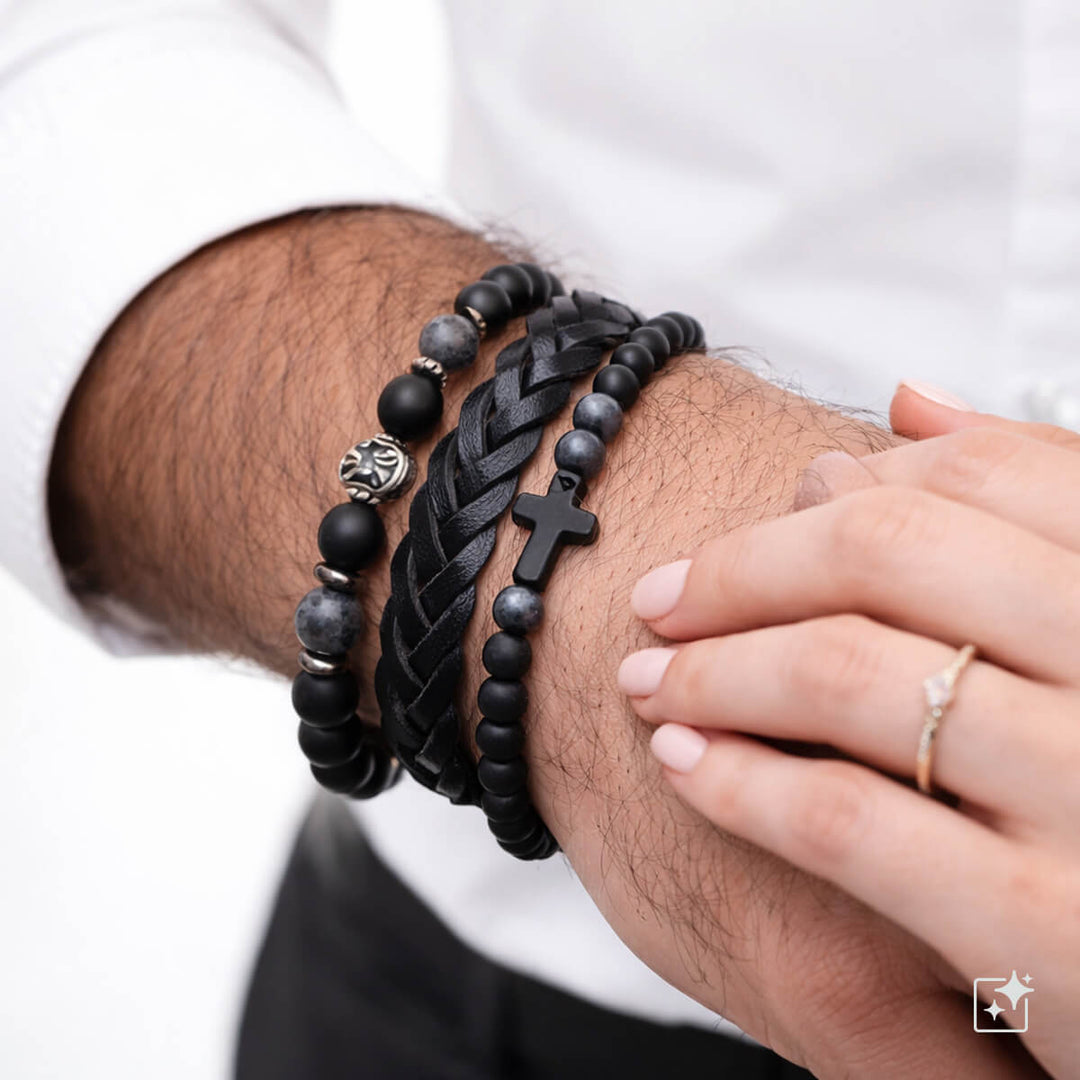 Herrenarmband-Set, 3 Stück – Schwarzes Leder & Perlenarmbänder