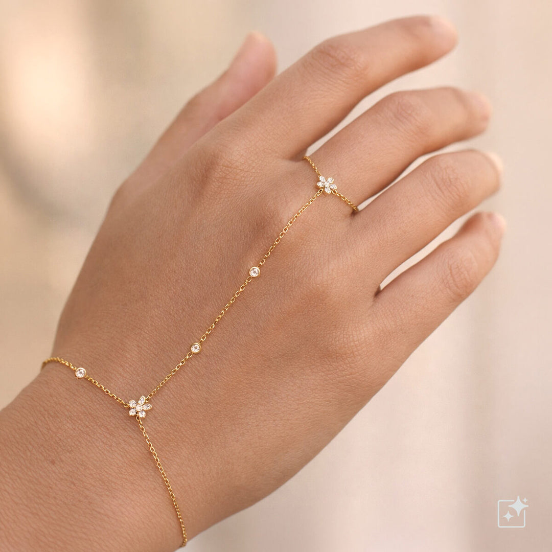 Käsikoru sormuksella zirkonia kukkakoristeilla – kirurginteräs 316L