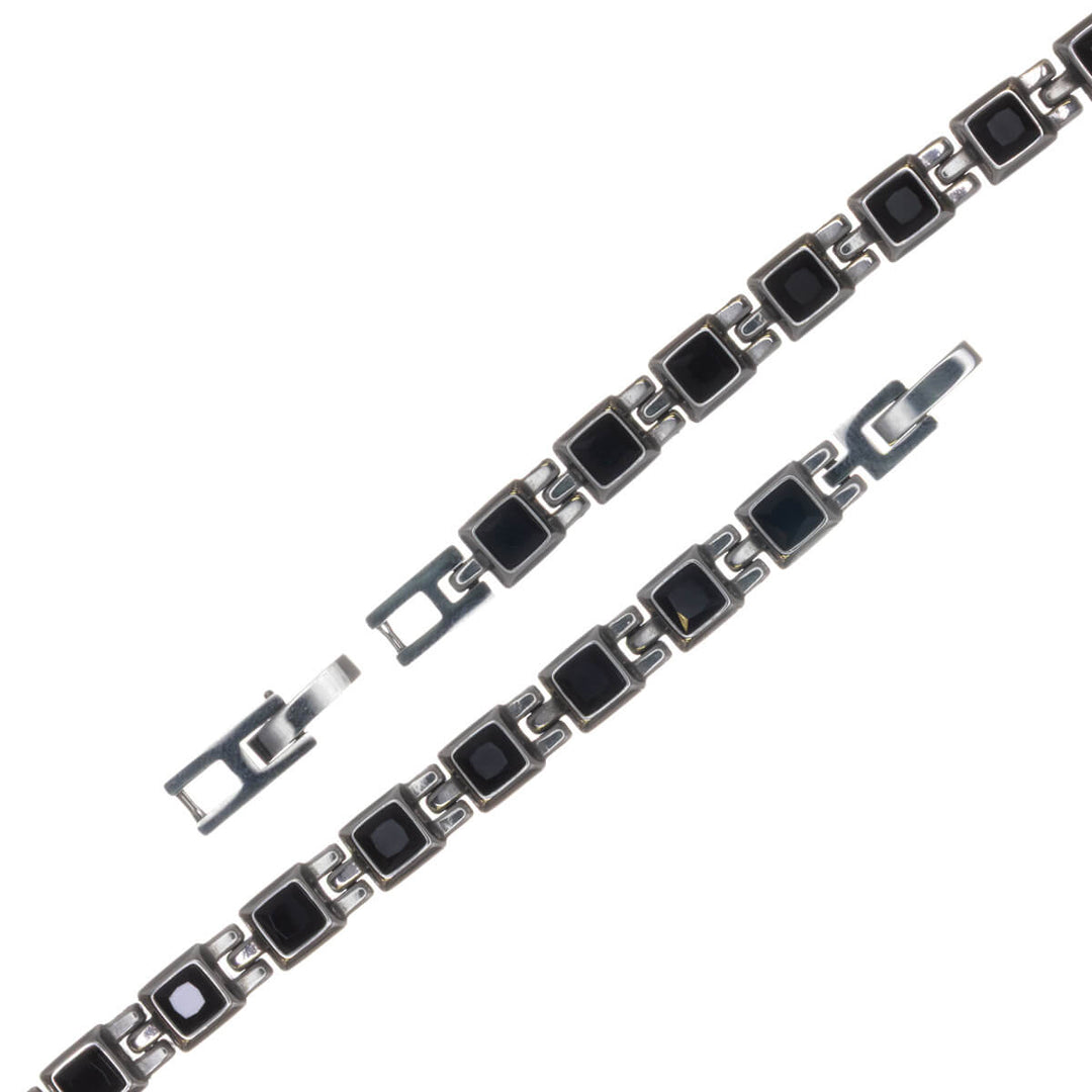 Men's steel bracelet with square black glass stones (316L steel)