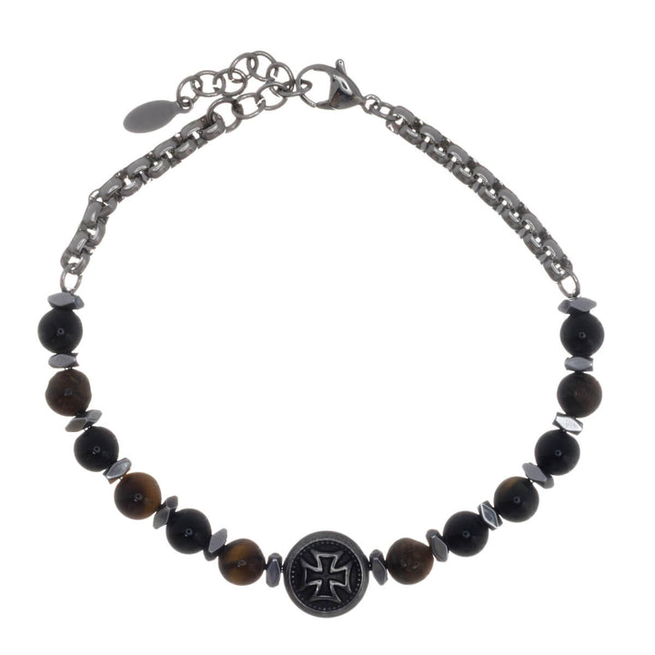 Stone bead bracelet with skull and cross symbols (316L stainless steel)