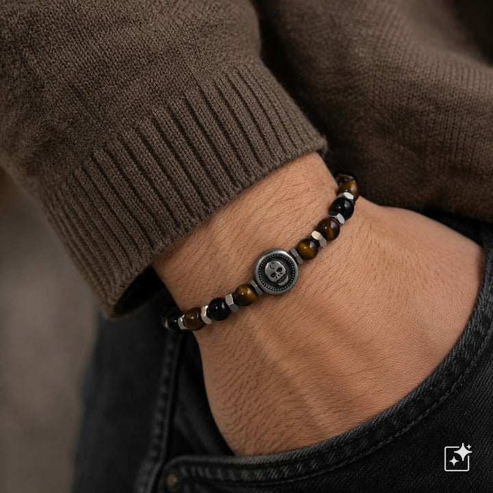 Stone bead bracelet with skull and cross symbols (316L stainless steel)