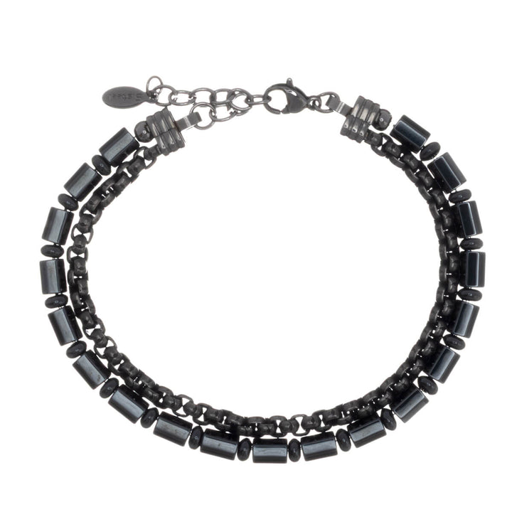 Men's double-row steel bracelet with oblong gray stones (316L steel)