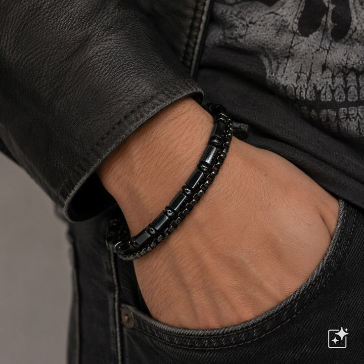 Men's double-row steel bracelet with oblong gray stones (316L steel)
