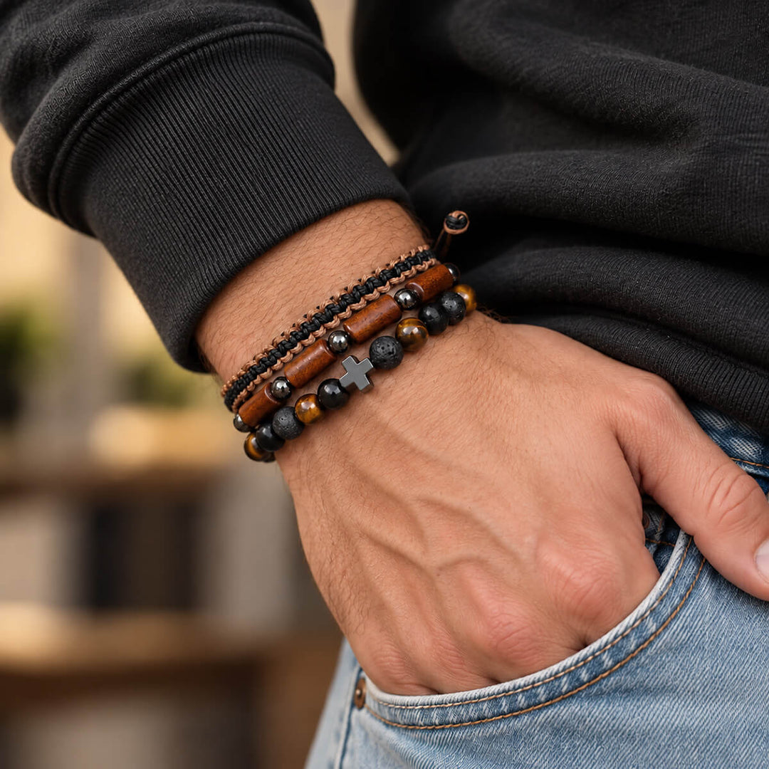 3-teiliges Armband-Set für Herren – Wood Cross