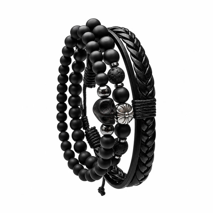 Schwarzes Armband-Set für Herren mit Totenkopf-Motiv und geflochtenem Armband