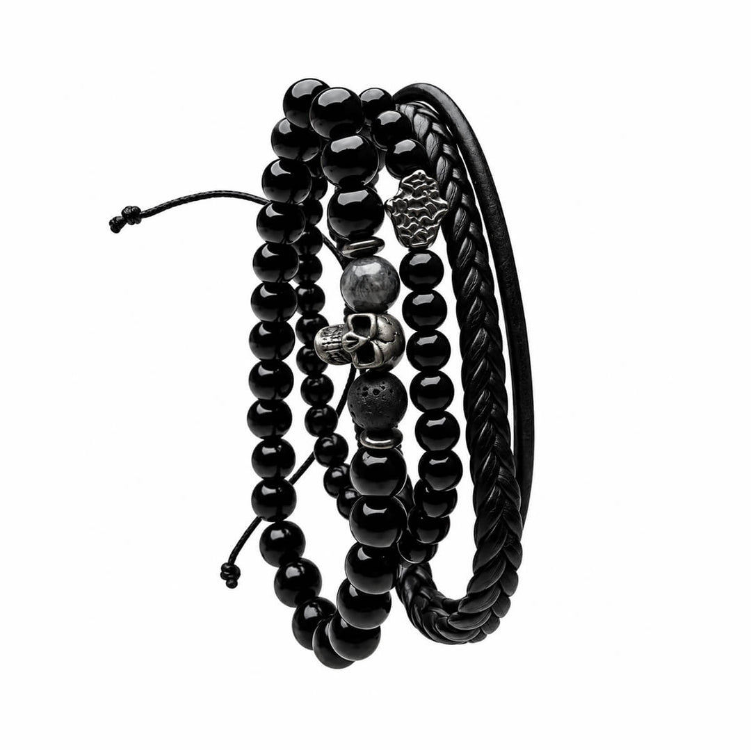 Schwarzes Armband-Set für Herren mit Totenkopf- und Hamsak-Motiven