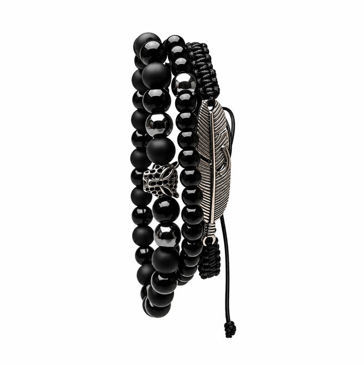 Schwarzes Armband-Set für Herren mit Feder- und Totenkopfverzierungen