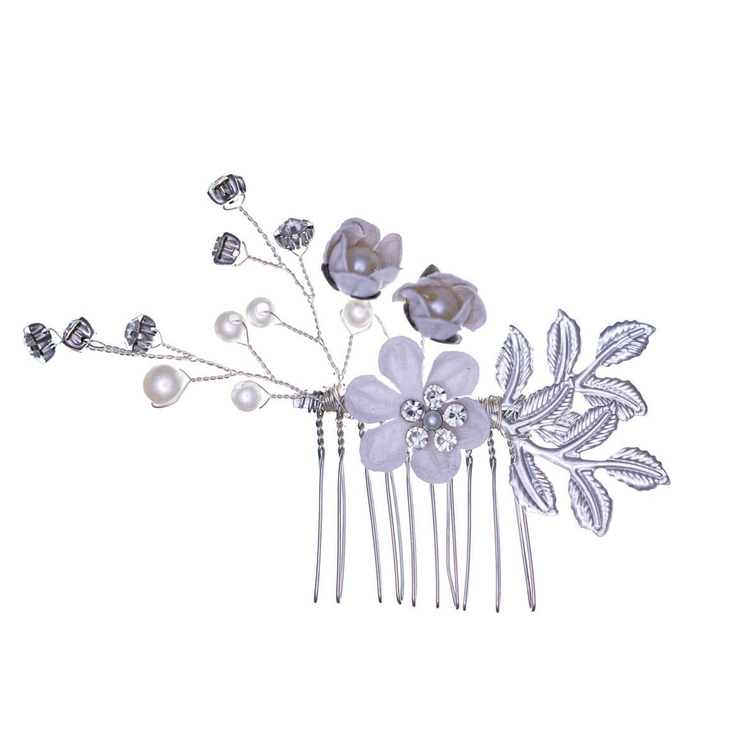 Flower hair accessory decorated with pearls, 3 pcs invisible + 1 pc comb, silver set