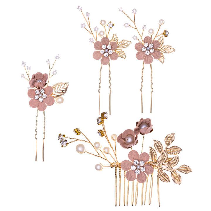 Flower hair accessory decorated with pearls, 3 pcs invisible + 1 pc comb set