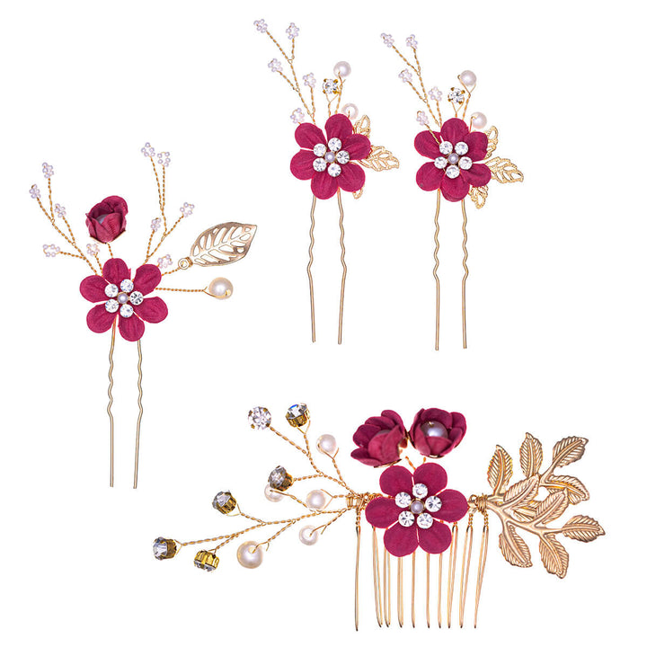 Flower hair accessory decorated with pearls, 3 pcs invisible + 1 pc comb set