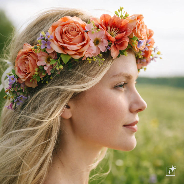A soft peach-colored floral wreath with large flowers