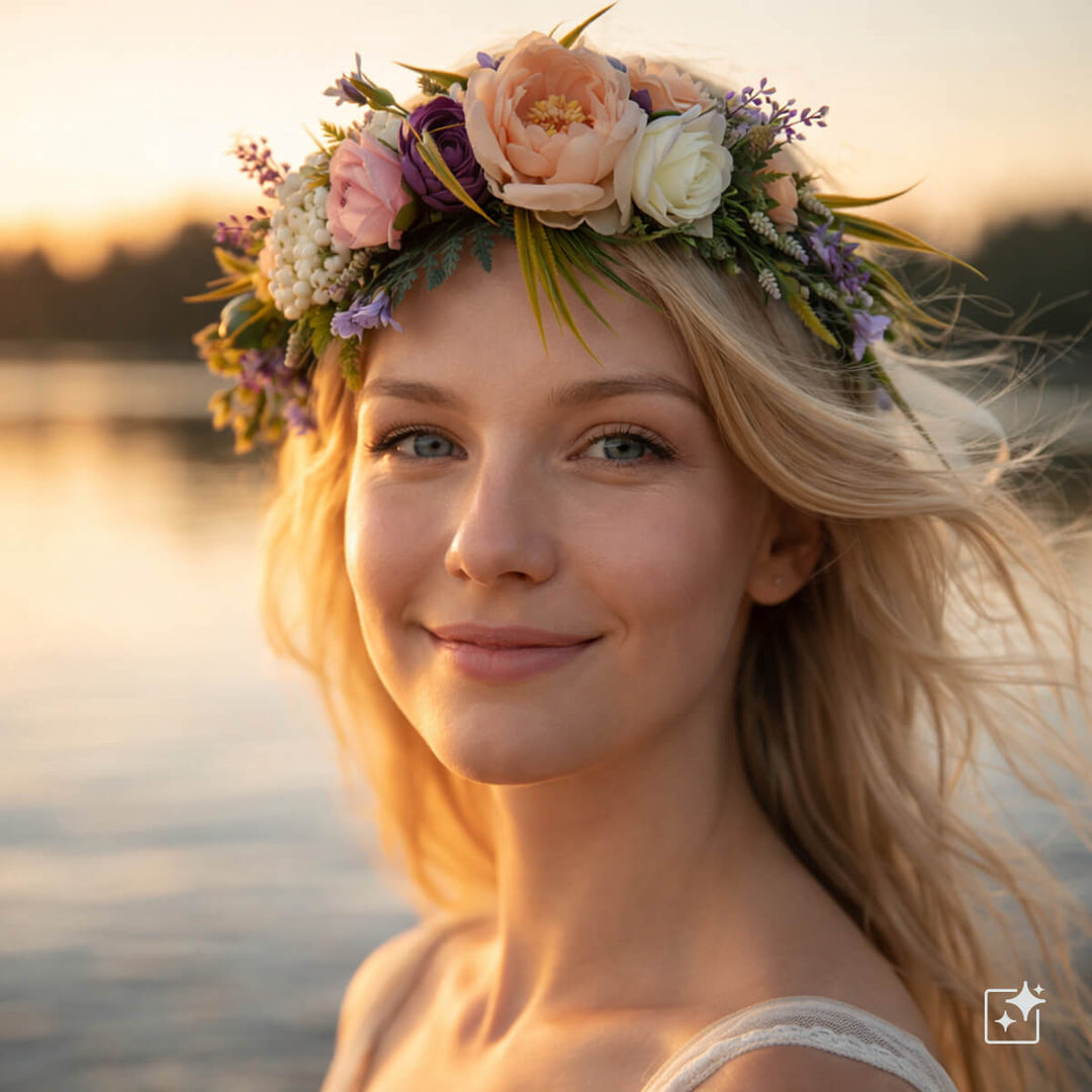 A romantic floral wreath in shades of peach and violet